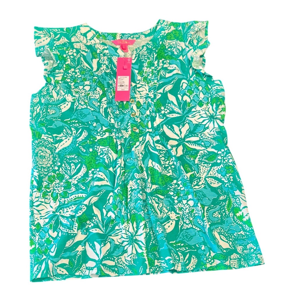 Lilly Pulitzer Golda Top Botanical Green Safari Sangria Floral Ruffle Top Size S